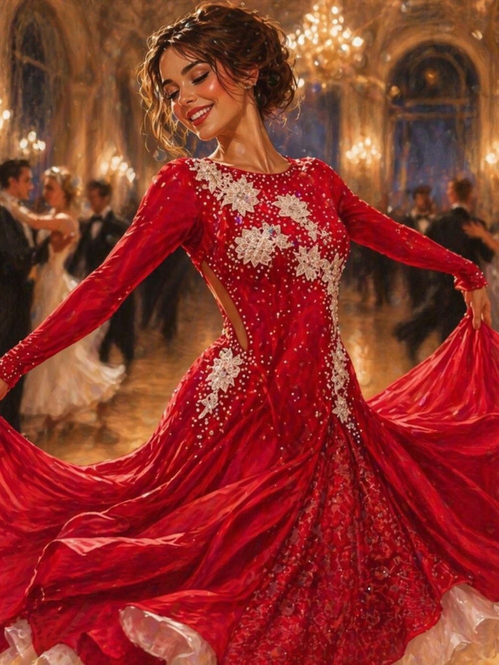 Red Sequin Lace Ballroom Dance Gown Mesh Sleeve Pageant Dress L Glam Chic